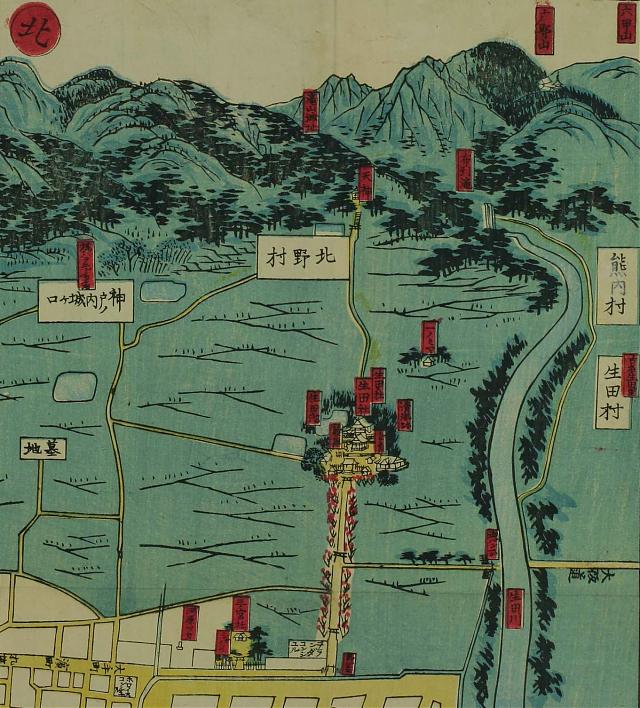 Detail of above map. The Dutch Consulate is located at the entrance of the approach to Ikuta Jinja shrine, east of Sannomiya Jinja shrine. This is the area where the <a href="https://en.wikipedia.org/wiki/Kobe_Incident">Kobe Incident</a> took place on February 4, 1868. 1868 (Keio 4) map of Kobe