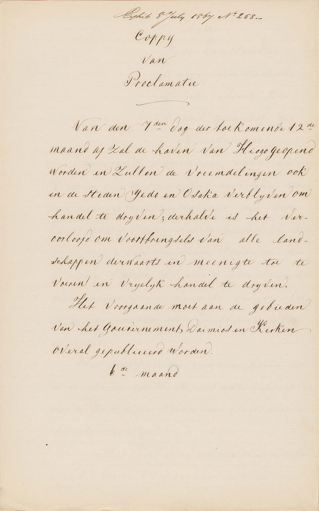 Proclamation announcing the opening of the ports of Hiogo, Osaka and Edo to foreign trade, 1867