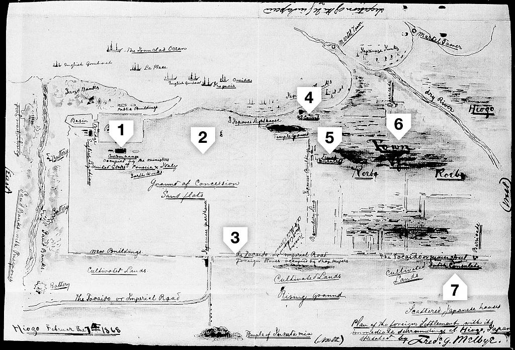 善照寺があった辺りに「オランダ領事館」と書かれている手書きの地図。